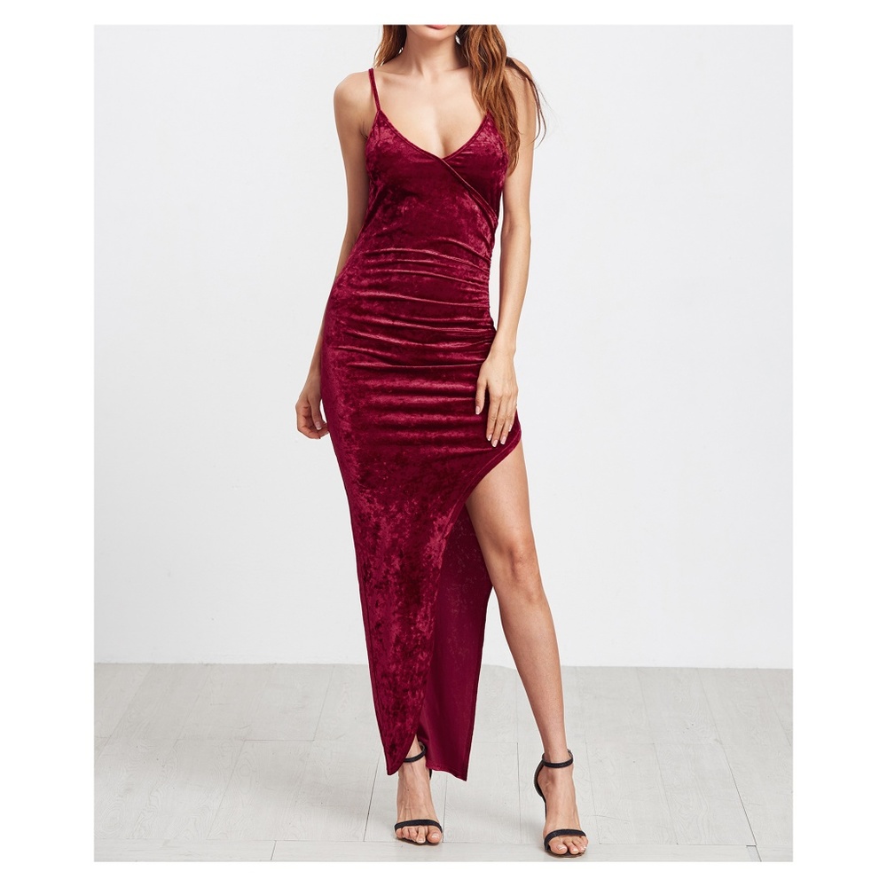 LAST ONE Burgundy Side Slit Velvet Maxi Dress - Picture 2 of 5